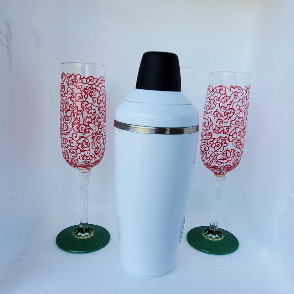 Holiday Party Cocktail Shaker & Hand-Painted Stemware Set